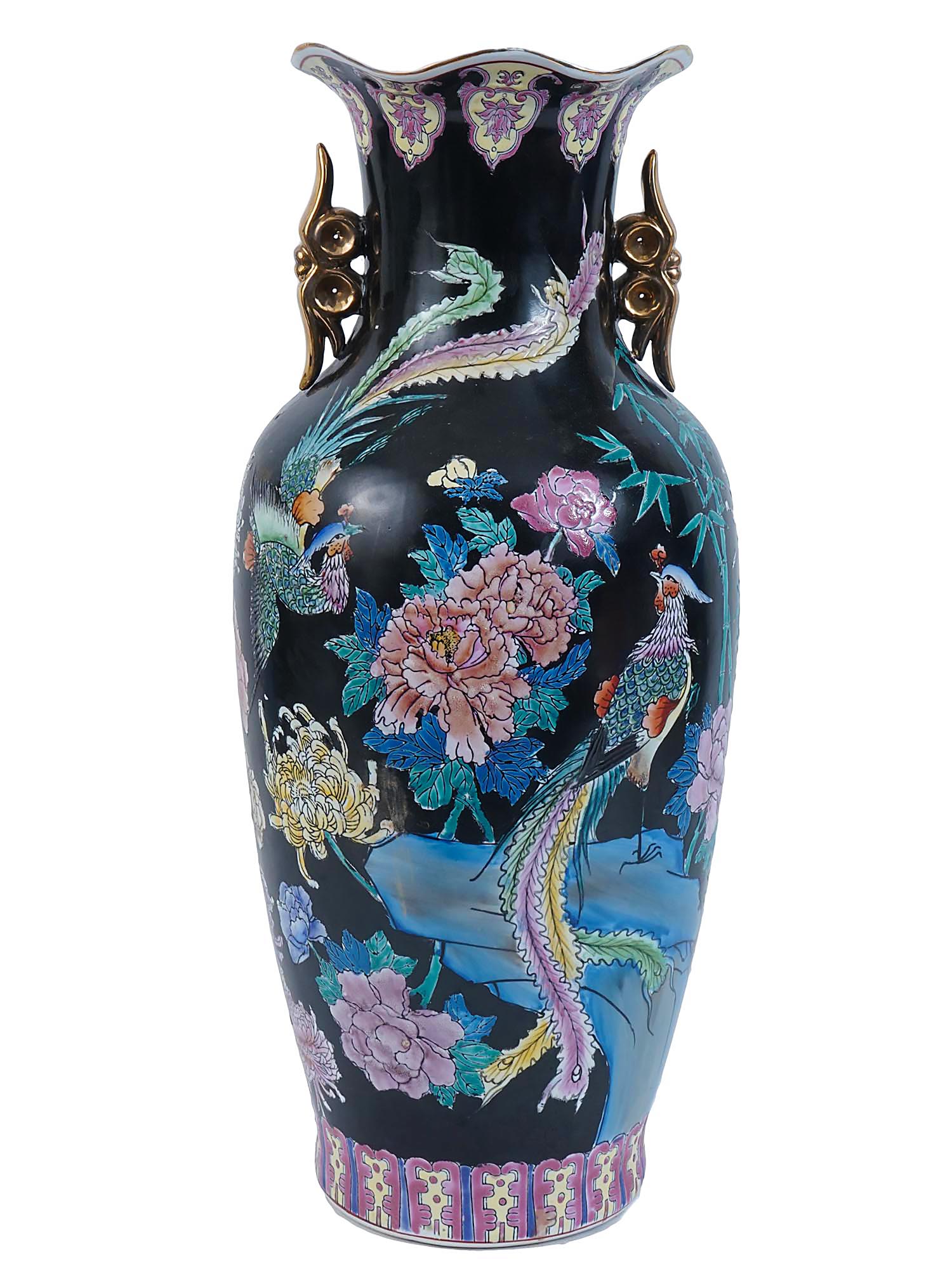 CHINESE TALL BLACK PORCELAIN VASE WITH PEACOCKS PIC-2